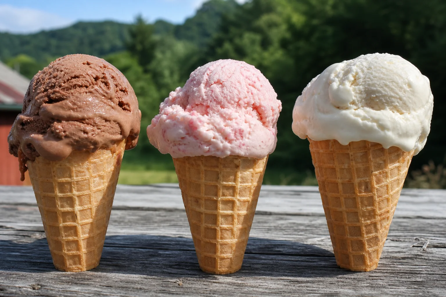 Three hand-dipped ice cream cones on a picnic table
