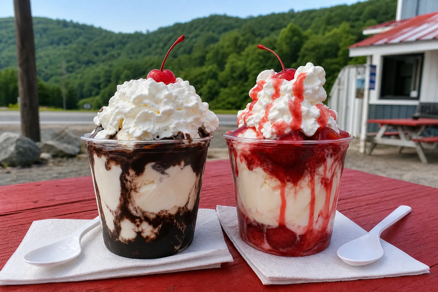 Two large sundaes with whipped cream and cherries