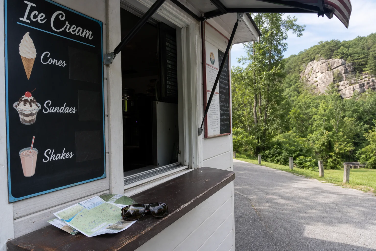 Ordering window with ice cream categories and local route items